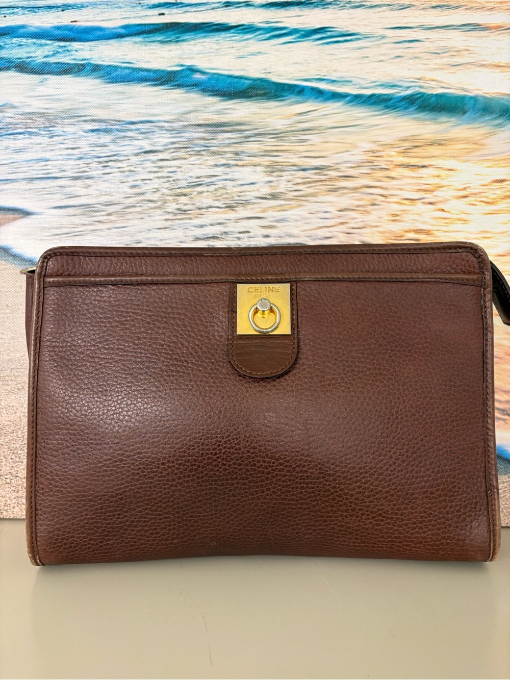 Authentic Vintage CELINE Brown Leather Clutch Pouch Door Knocker Ring Lock Italy